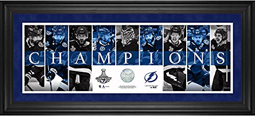 Tampa Bay Lightning 2021 Stanley Cup Champions Framed 10″ x 30″ Champions Panoramic with a Piece of Game-Used Net from the 2021 Stanley Cup Final – Limited Edition of 813 – NHL Game Used Net Collages