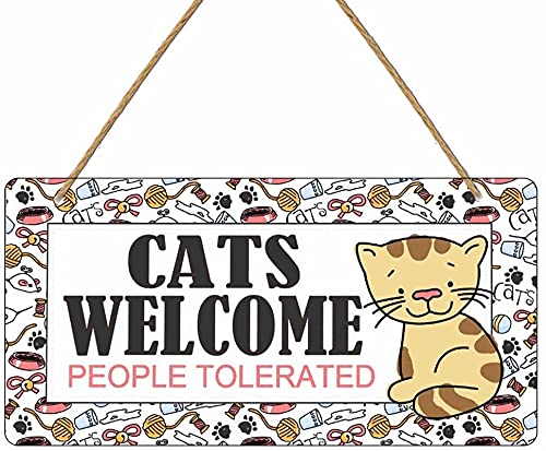 Rustic Wood Sign Hanging – Cats Welcome People Tolerated Sign – Funny Cat Gift for Cat Lovers Front Door Family Home Decor House Garden Home Wall Decor Wooden Plaques Hanging 5″x10″