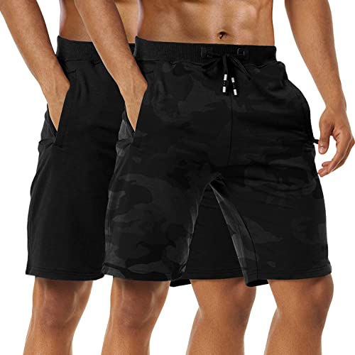 Boyzn Men’s 2 Pack Athletic Shorts Casual Cotton Shorts Workout Running Shorts Quick Dry Lightweight Gym Shorts with Zip Pockets Black/Camo-M