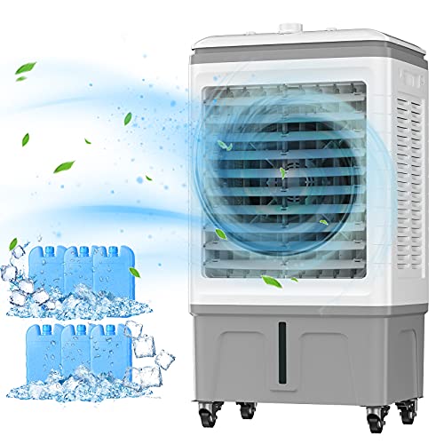 VCJ Portable Evaporative Air Cooler, 3 in 1 Cooling Fan with Ice Crystal Boxes, Large Water Tank and Casters, 3-Mode 3-Speed Air Swamp Cooler for Room Home Office