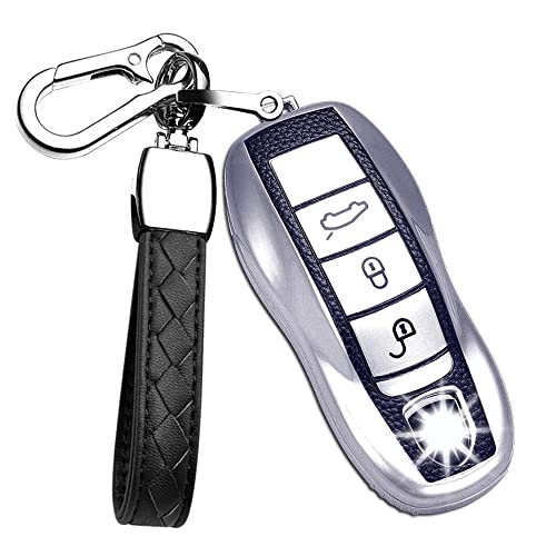 HIBEYO TPU Key Fob Cover Case for Porsche 2020 2021 Macan 911 Cayenne Panamera Keyless Entry Remote Keychain Soft Key Protector Auto Smart Shell Holder Silver