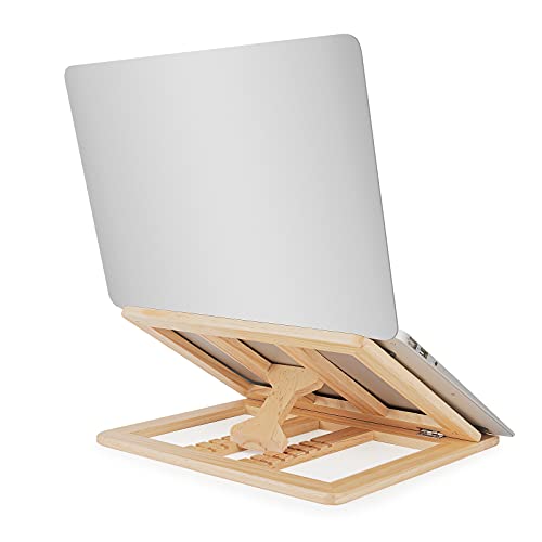 Skoioje Wooden Laptop Stand, Foldable Wood Laptop Riser Adjustable Computer Wooden MacBook Stand for Desk Portable Universal Notebook Laptop Holder with Multiple Angles for Laptops Up to 15.6 inches