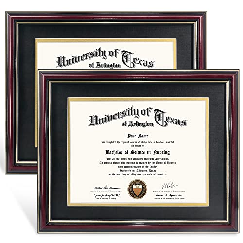 GraduationMall 8.5×11 Diploma Frame with Black over Gold Mat or Display 11×14 Certificate without Mat,Solid Wood & UV Protection Acrylic,Glossy Cherry Finish with Gold Trim,2 Pack