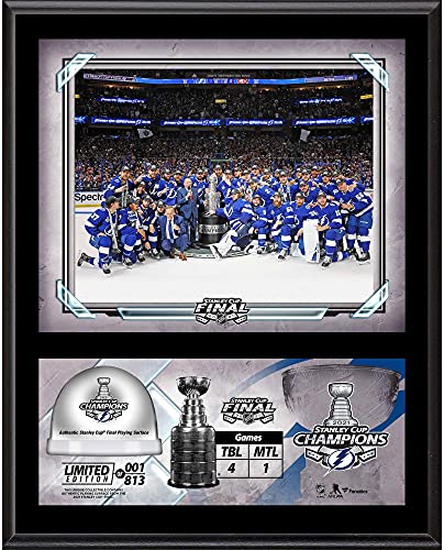 Tampa Bay Lightning 2021 Stanley Cup Champions 12” x 15” Sublimated Plaque with Game-Used Ice from the 2021 Stanley Cup Final – Limited Edition of 813 – NHL Game Used Ice Collages