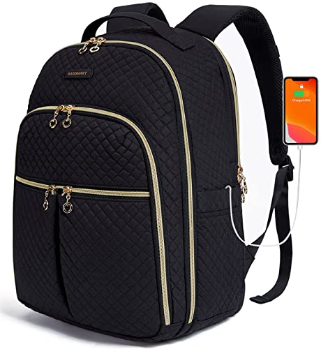 BASMART Travel Laptop Backpack, 15.6 Inch Womens Travel Backpack With USB Charging Hole, Water Resistant Anti Theft College School Backpacks, Large Black Computer Backpacks for Work, Black