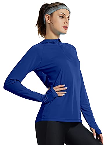MIER Women’s Running Pullover Hoodie – Long Sleeve Quarter Zip Workout Shirts with Thumbholes, UPF 50+ Sun Protection, With Hooded, Ocean Blue, M