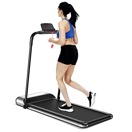 GYMAX Folding Treadmill, Installation-Free Walking/Running Pad with LED Monitor & Removable Phone Holder, Quiet Shock Absorbing Running Machine for Home Gym Small Space Workout Fitness