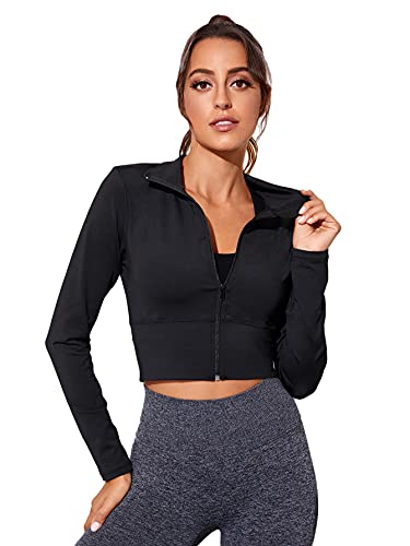 SOLY HUX Women’s Lightweight Full Zip Athletic Long Sleeve Crop Running Workout Yoga Sportwear Jacket Black S