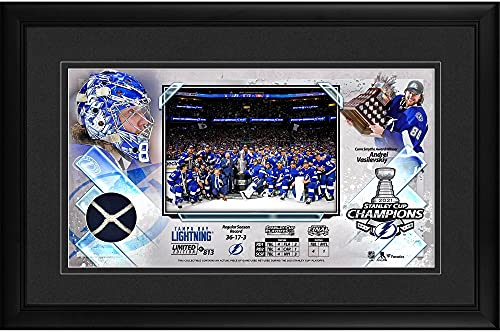 Tampa Bay Lightning 2021 Stanley Cup Champions Framed 10″ x 18″ Collage with a Piece of Game-Used Net from the 2021 Stanley Cup Final – Limited Edition of 813 – NHL Game Used Net Collages