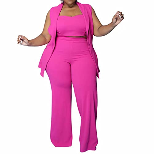 Plus Size 3 Piece Sweatsuits for Women – Sleeveless Blazer,Tank Crop Top and Wide Leg Pants Set Rose Red 2X
