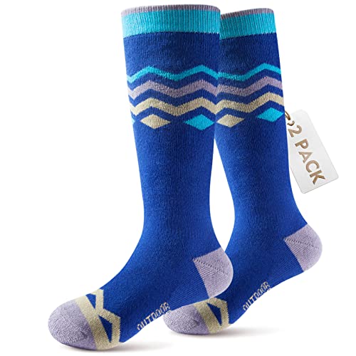 OutdoorMaster Ski Socks, 2-Pair Pack Skiing and Snowboarding Socks for Toddler Boys and Girls with Over the Calf Design w/Non-Slip Cuff – Blue Mountains, S