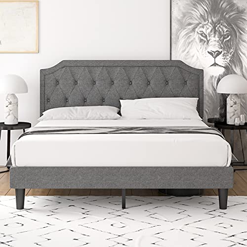 Einfach Bed Frame Queen Size, Upholstered Platform Bed with Sturdy Wood Slat Support, No Box Spring Needed, Easy Assembly, Light Grey
