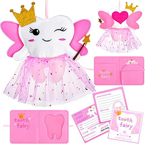 Breling Fairy Pillow Kit for Girls Teeth Gifts Pillow with Pocket Including Lost Teeth Holder Cute Dear Tooth Notepad Felt Keepsake Wallet Pouch to Hold Card Photography for Kids (Pink)
