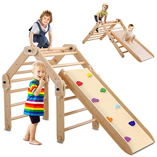 Dripex Pikler Triangle Climber with Ramp, 8 in 1 Foldable Wooden Montessori Climbing Triangle Toys for Sliding Climbing Indoor Outdoor Kids Play Gym for Toddlers