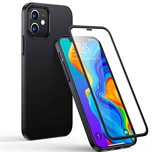 TORRAS Slim Fit 360 Compatible for iPhone 12 Pro Case/iPhone 12 Case with 9H Anti-Scratch Screen Protector [Full Protection] Ultra Thin Matte Hard PC Back Case for iPhone 12 Pro/12, Noble Black