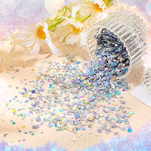 60 g/ 2.1 oz Holographic Star and Moon Table Confetti Iridescent Metallic Glitter Foil Confetti Sequin Star Moon Scatter for Halloween Birthday Wedding Festival Party DIY (6 mm, 4 mm, Silver) | The Storepaperoomates Retail Market - Fast Affordable Shopping