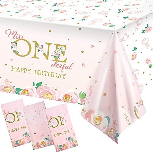 3 Pieces 1st Birthday Party Tablecloth Floral One First Birthday Table Cover Flower Disposable First Birthday Plastic Tablecloth for Kids Birthday Baby Shower Party Decoration Supplies, 54 x 108 Inch