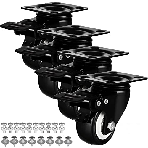 Casters Wheels Set of 4 Heavy Duty Swivel Casters 2″ Double Locking Castor Wheels Set with Brake Industrial Polyurethane Metal Wheels for Workbench, Furniture, Cabinet, Wood Box, Outdoor Plate Casters