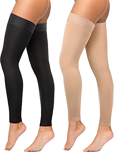 Honoson 2 Pairs Thigh High Compression Stockings Footless 20-30 mmHg Compression Stockings with Silicone Dot Band for Unisex (Beige, Black,Large)