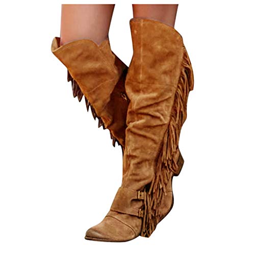 NOLDARES Boots for Women Winter Zipper Retro Fringe Square Heels Over The Knee Thigh High Boots Slip On Wedge Comfy Boots