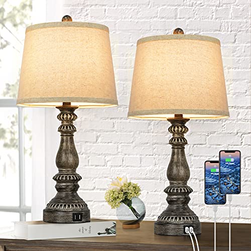 Set of 2 Touch Control 3-Way Dimmable Table Lamps, Farmhouse Rustic Bedside Nightstand Lamp with 2 USB Ports Cream Fabric Shade, Brown Desk Lamp for Reading Living Room Bedroom LED Bulbs Included