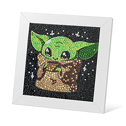 5D Diamond Painting Kit for Kids with Wooden Frame Easy Small Anime Diamond Painting Full Drill Diamond Art Gem Painting for Beginners 7X7 inch (Baby Yoda)