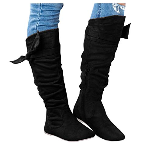 NOLDARES Cowboy Boots for Women Zip Up Knee High Boots Knotted Flat Heel Wedge Winter Flock Comfy Boots, 9