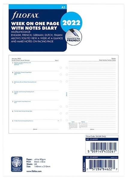 Filofax Replacement White Colour Agenda Rings A5-Master 2022, Weekly Horizontal Planning with Notes 148x210mm,5.75 inches X 8.25 inches,22-68509
