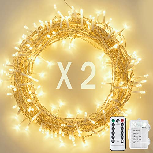 FilFom Battery Operated String Lights, 2 Pack 36ft 100 LED Fairy Lights With Remote, IP65 Waterproof Twinkle Lights 8 Mode Warm White Christmas Lights Outdoor for Bedroom Tree Indoor Party Decorations