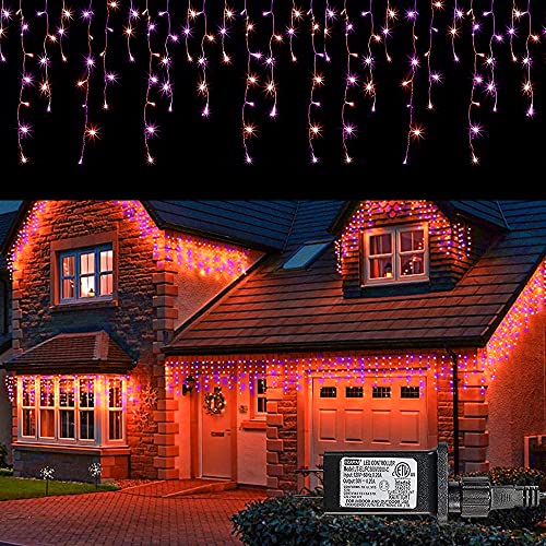 Dazzle Bright 360 LED Christmas Icicle Lights Outdoor, Light Up Christmas Decorations 8 Modes Fairy Lights for Outside Patio Garden Holiday Party (Orange & Purple)
