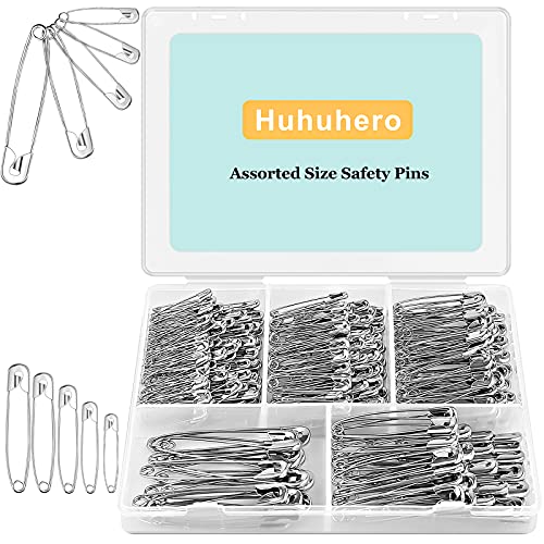 Safety Pins Assorted, 340 PCS Nickel Plated Steel large Safety Pins Heavy Duty, 5 Different Sizes Safety Pin, Safety Pins Bulk, Small Safety Pins for Pinning, Sewing, Jackets, Clothes, Crafts (Silver)