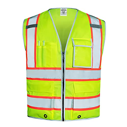SKSAFETY 10 Pockets Safety Vest, Class 2 High Visibility Security with Zipper, Hi Vis Vest with Reflective Strips, ANSI/ISEA Standard, Construction Work Vest for Men ＆ Women （Lime, 2XL）
