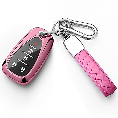Tukellen for Chevrolet Key Fob Cover with Keychain Key Shell Case Compatible with 2017 2018 2019 2020 Chevy Equinox Traverse Malibu Camaro Cruze Blazer Spark Sonic Impala Trax Bolt-Pink