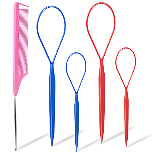 2 Pairs Hair Tail Tools with Rat Tail Comb, TsMADDTs 5Pcs Hair Styling Tools with 4Pcs French Braid Tool Hair Loop 1Pcs Pink Metal Pin Tail Braiding Comb,Hair Tail Tools for Women