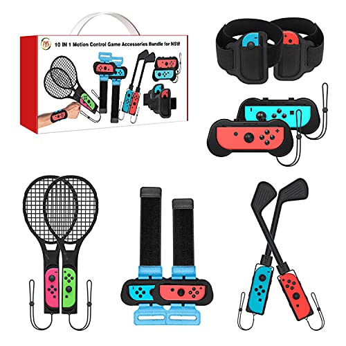 2022 Switch Sports Accessories Bundle – Uxilep 10 in 1 Family Accessories Kit for Nintendo Switch Sports Games : Golf Clubs for Mario Golf Super Rush,Just Dance Wrist Bands,Soccer Leg Straps,Joycon Grip Cases And Tennis Rackets