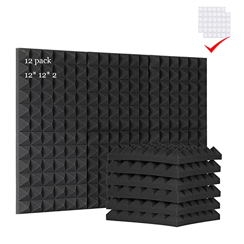 Acoustic Foam Panels – Pack of 12 Flame Retardant Sound Proof Foam Panels for Walls Ceilings Reduces Reverb Echo 12” x 12” x 2” Sound Insulation Pyramid Noise Cancelling Foam Tiles for Home Office