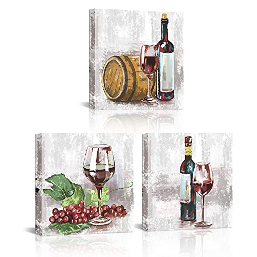 ArtKissMore 3 Panels Kitchen Wall Art Red Wine Barrel Painting Picture Poster Print on Canvas Vintage Farmhouse Theme Wall Decor for Home Dining Room Bar Ready to Hang 12″x12″x3PCS