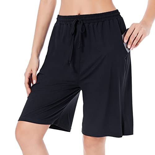 Gym Shorts for Women Workout Set Biker Yoga Shorts Long Bermuda Shorts Comfy Sweat Drawstring Lounge Shorts with Pockets Black