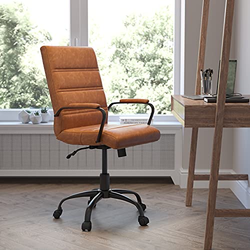 Flash Furniture Whitney Mid-Back Desk Chair – Brown LeatherSoft Executive Swivel Office Chair with Black Frame – Swivel Arm Chair