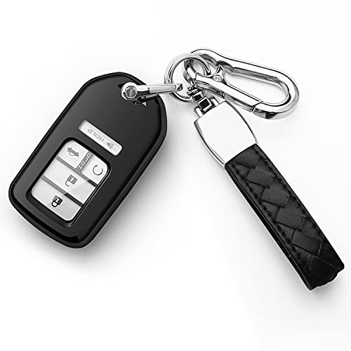 Tukellen for Honda Key Fob Cover With Leather Keychain Premium Soft Full Protection Key Shell Key Case Compatible with Honda Black