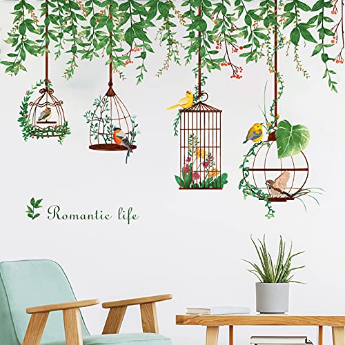 Flower Vine Tree Branch Wall Decals with Birdcage, Colorful Birds Green Plants Wall Stickers, Flowers Flying Bird DIY Art Murals for Bedroom Living Room Kids Rooms Nursery Wall Décor