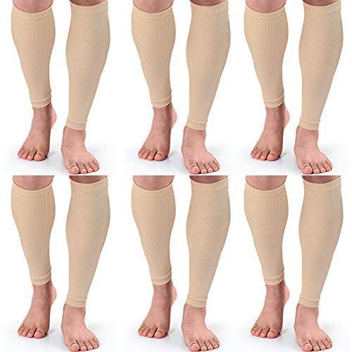 Coume 6 Pairs Leg Compression Sleeves Calf Compression Socks for Women Men Footless Leg Support Brace for Running Cycling Shin Splint Swelling Varicose Veins Pain Relief (Beige,SmallMedium)