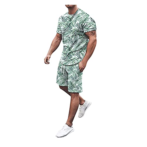 Maryia 2021 Mens Casual Sports Set Summer Comfy Two Piece Short Sleeve T Shirts and Shorts Outfit Stylish Beach Suits,green,Large