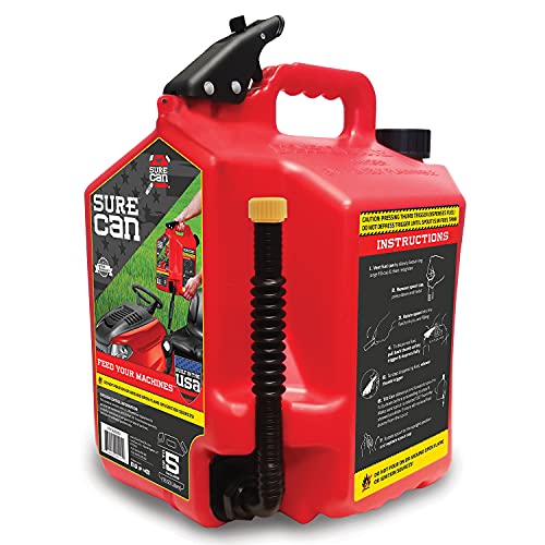 Surecan 5 Gallon Self Venting Gasoline Fuel Can Container with 180 Degree Rotating Nozzle, Thumb Trigger Flow Control, & Child Safe Fill Cap, Red