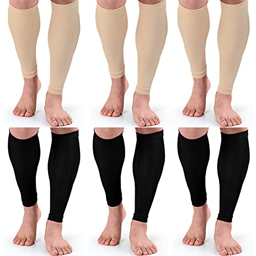 Coume 6 Pairs Leg Compression Sleeves Calf Compression Socks for Women Men Footless Leg Support Brace for Running Cycling Shin Splint Swelling Varicose Veins Pain Relief (Black and Beige,Large/XXL)