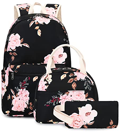 BLUBOON School Backpack Set Canvas Teen Girls Bookbags 15 inches Laptop Backpack Kids Lunch Tote Bag Clutch Purse (Pink Rose Black)