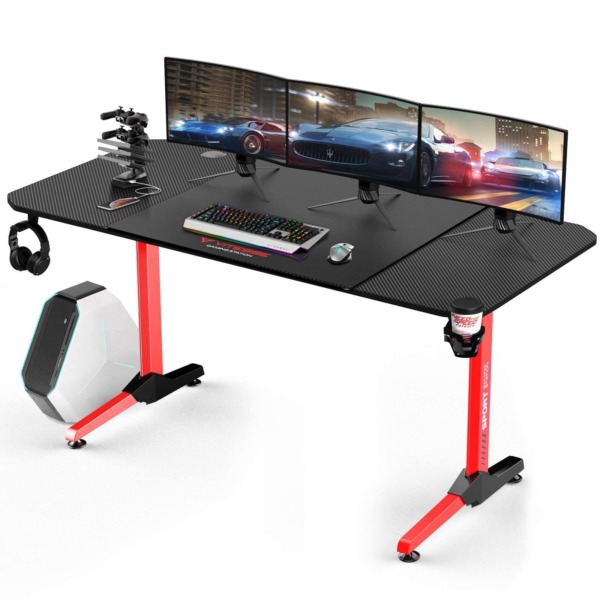 Vitesse Gaming Desk, Gaming Computer Desk , PC Gaming table, T Shaped Racing Style Professional Gamer Game Station with Large Mouse pad, USB Gaming Handle Rack, Cup Holder and Headphone Hook (Red)