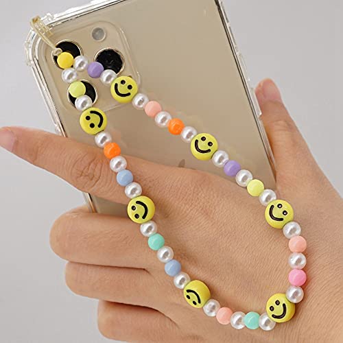 SYSUII Beaded Mobile Phone Lanyard Wrist Strap, Colorful Smile Beads Chain Phone Charm Phone Anti-lost Chain Cellphone Strap Hanging Cord for Women Girl Summer Trend Smiley Cute Jewelry