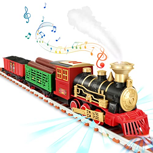 Ouriky Train Set – Electric Steam Train Set Toy for Kids with Smokes, Lights & Sounds, Railway Kits, Cargo Car & Tracks, Christmas Train Sets Under The Tree Gift for Boys Girls