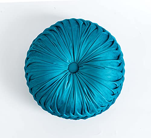 Cassiel Home Summer Home Pleated Velvet Round Throw Pillow Turqoise Summer Pintuck Decorative Pillow for Couch Sofa Bed Armchair Lounge Garden Patio Bench or Bedroom Floor Cushion 14.5 inches